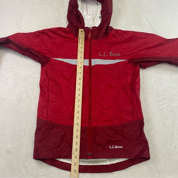 LL Bean Rain Jacket Youth Size Medium 10/12 Red Reflective Hooded Coat Nylon - Picture 15 of 16